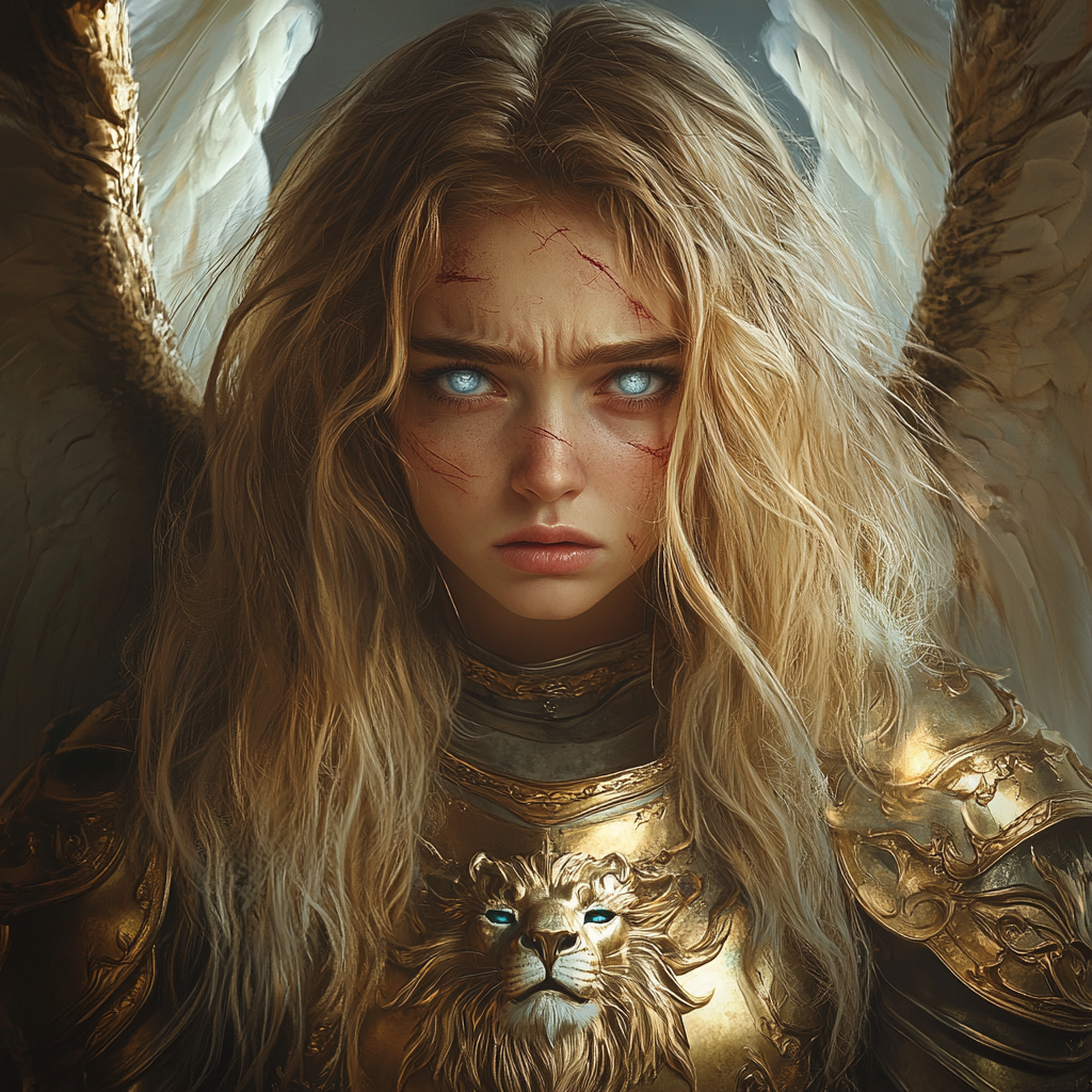 A tired and scarred angel in golden lion armor.