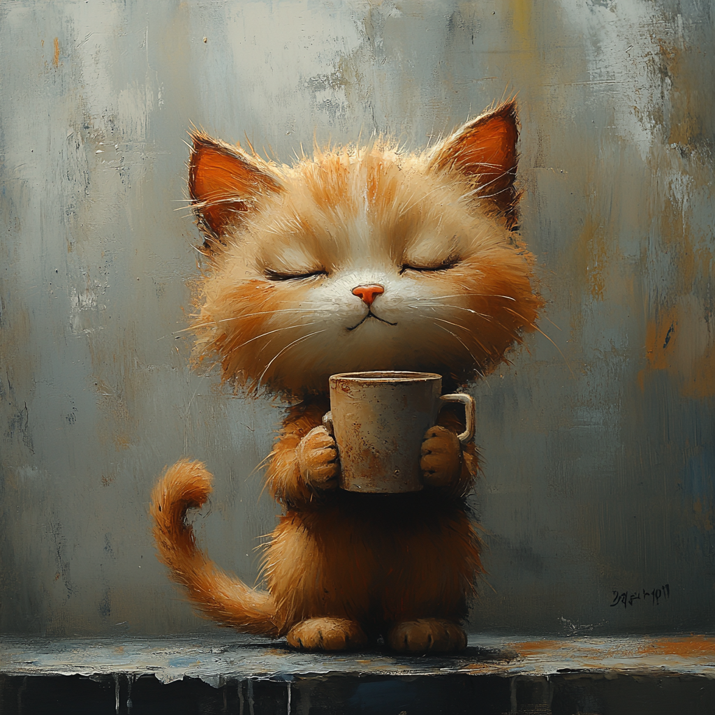 A tired cat in colorful caricature style holding coffee.