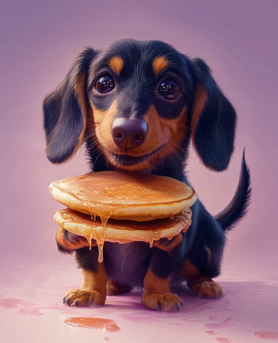 Dachshund holding pancake in caricature style