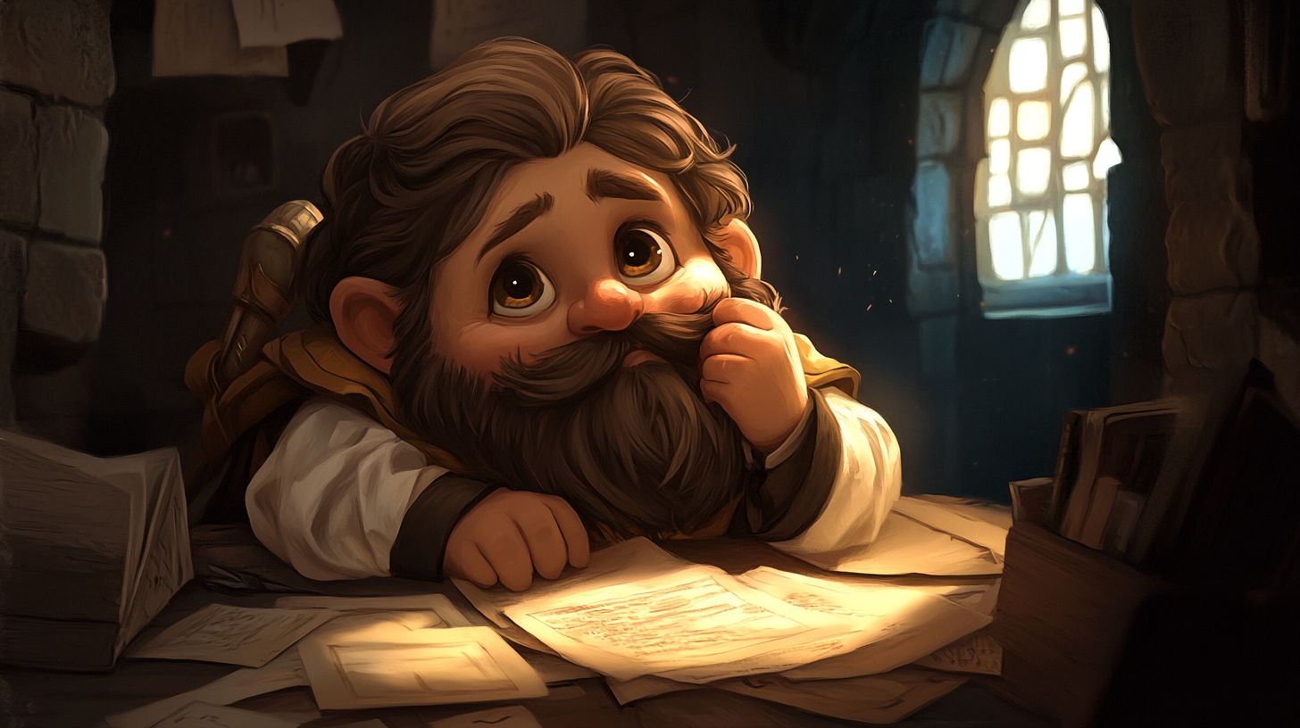 A tired dwarf waiter resting in medieval room.