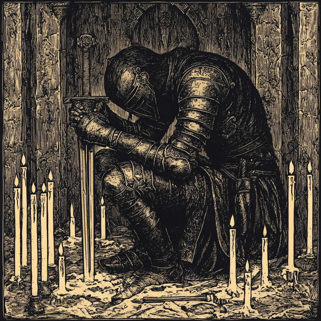 A tired knight in old armor prays.