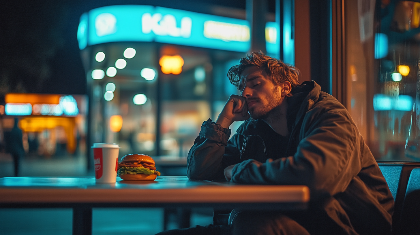 A tired man in pirate costume eats happily