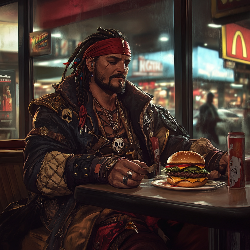 A tired pirate enjoying a burger at Burger King