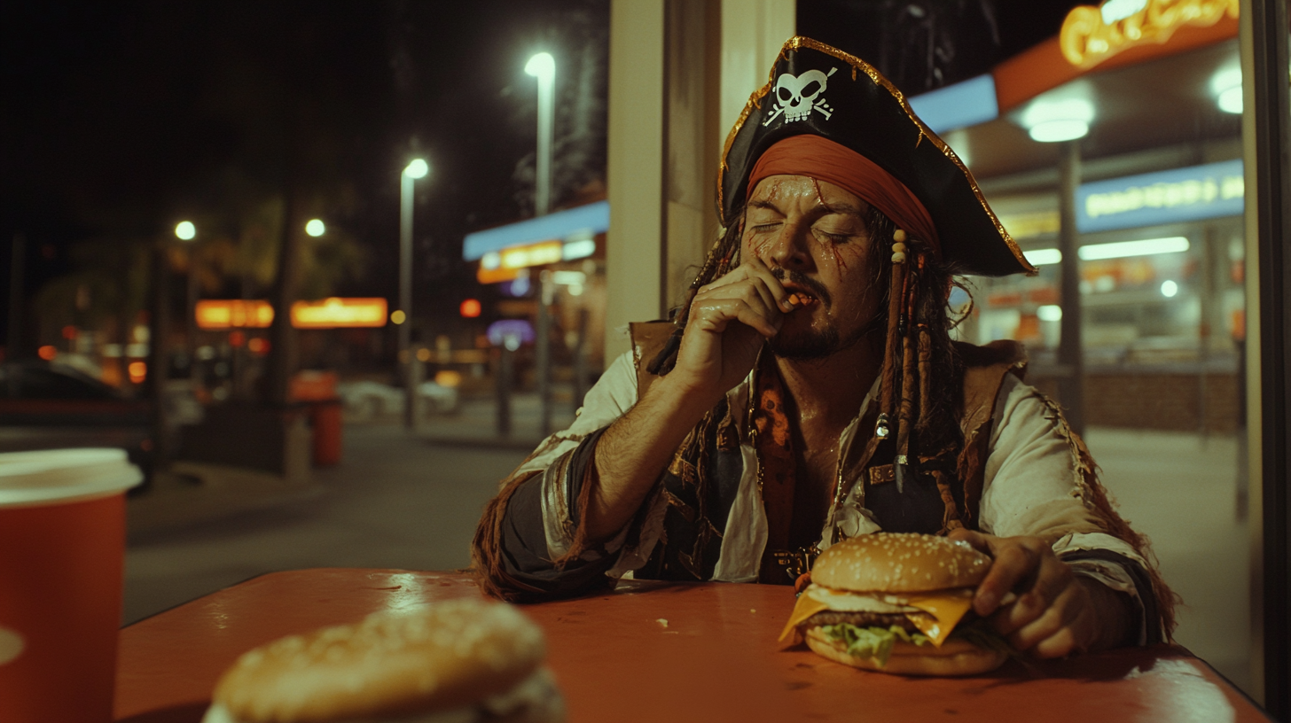 A tired pirate enjoys late-night burger party