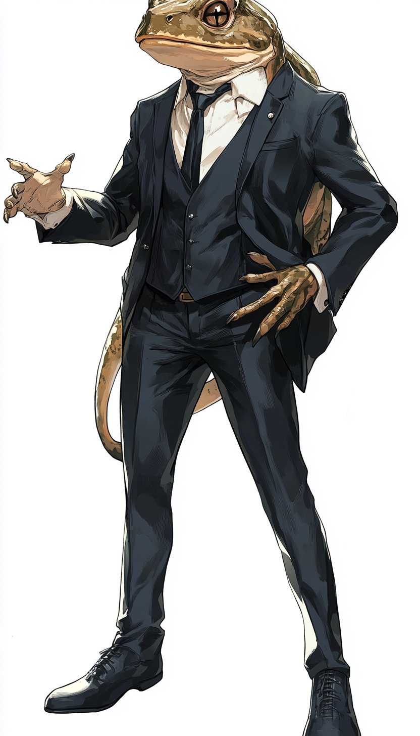 A toad-headed man in a suit. White background.