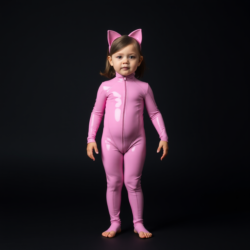 A toddler girl in a pink catsuit outfit.