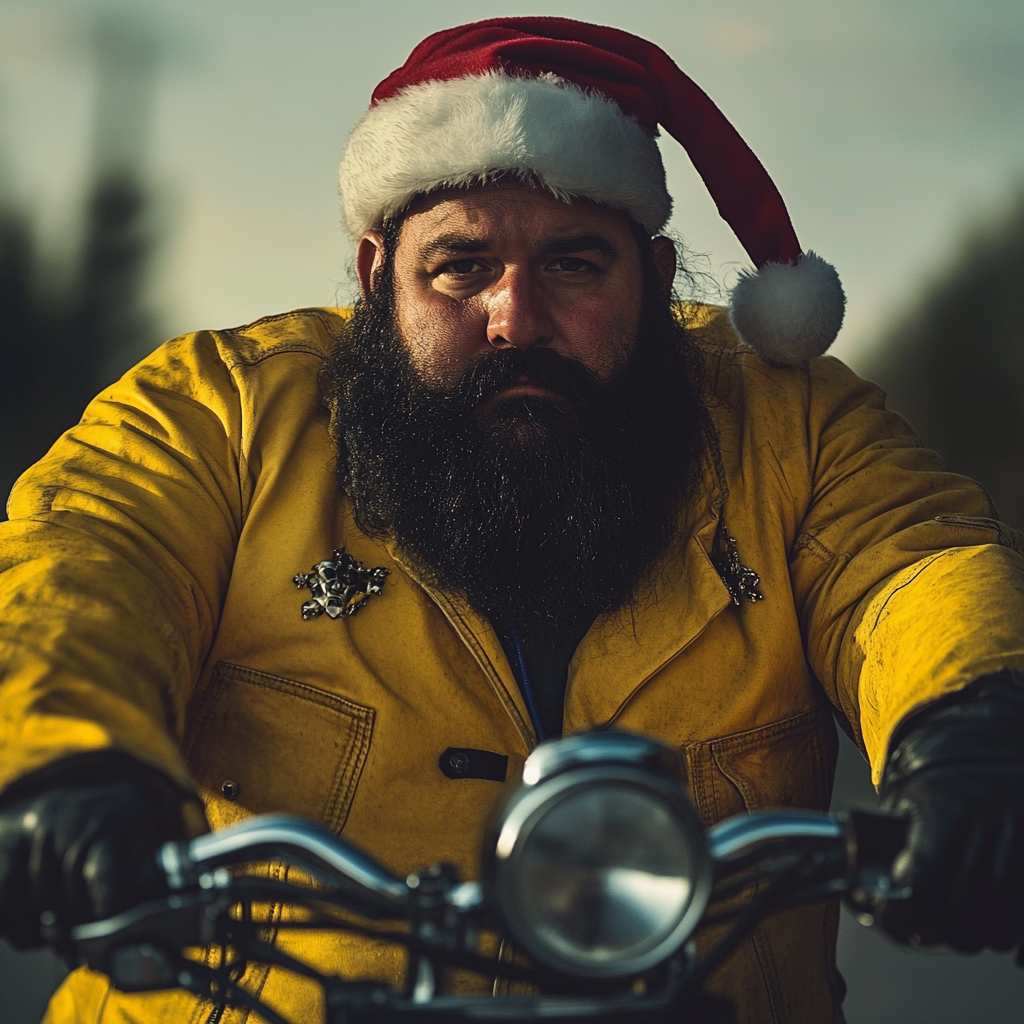 A tough biker in yellow Santa suit.