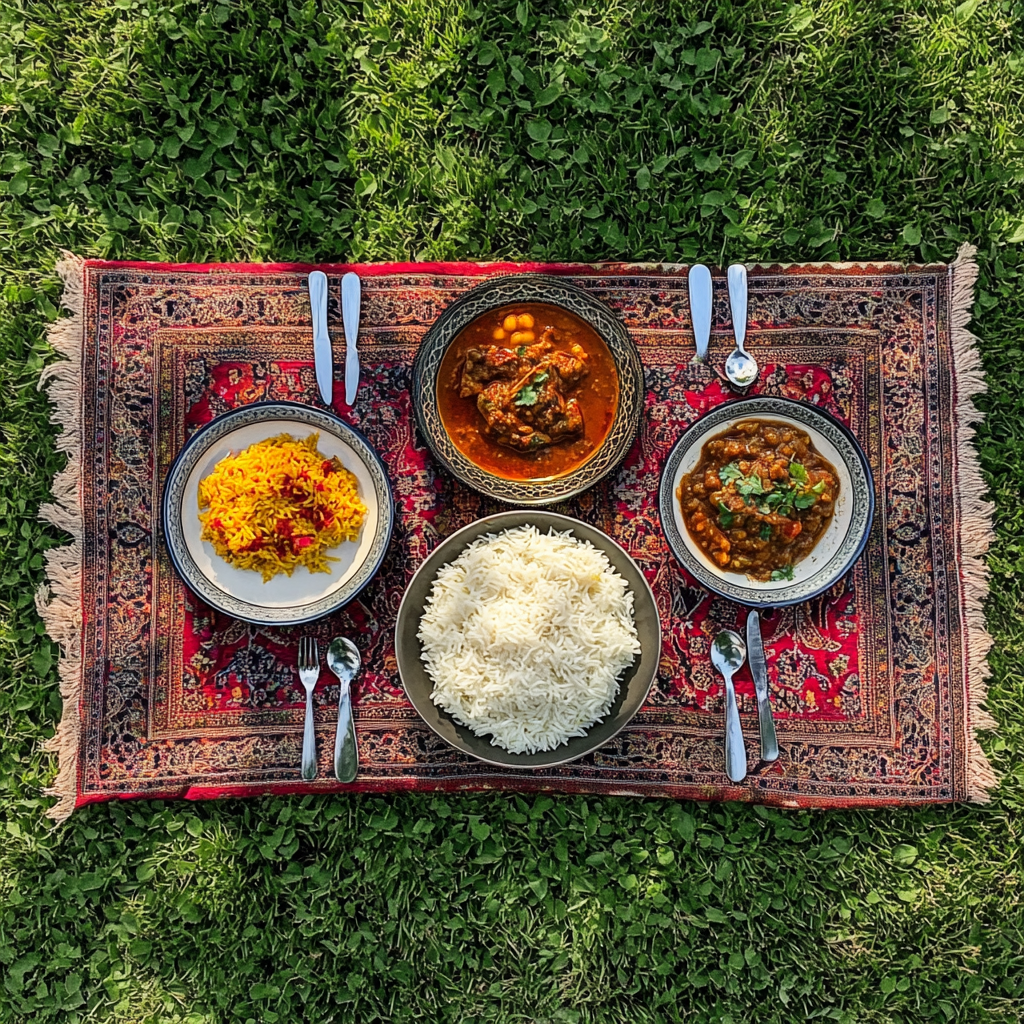 A traditional Iranian lunch spread in nature