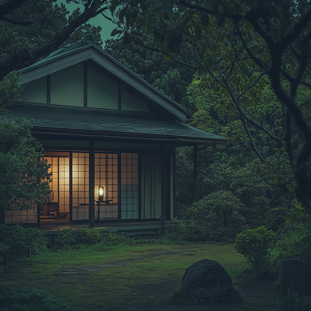 A traditional Japanese house under soft moonlight.