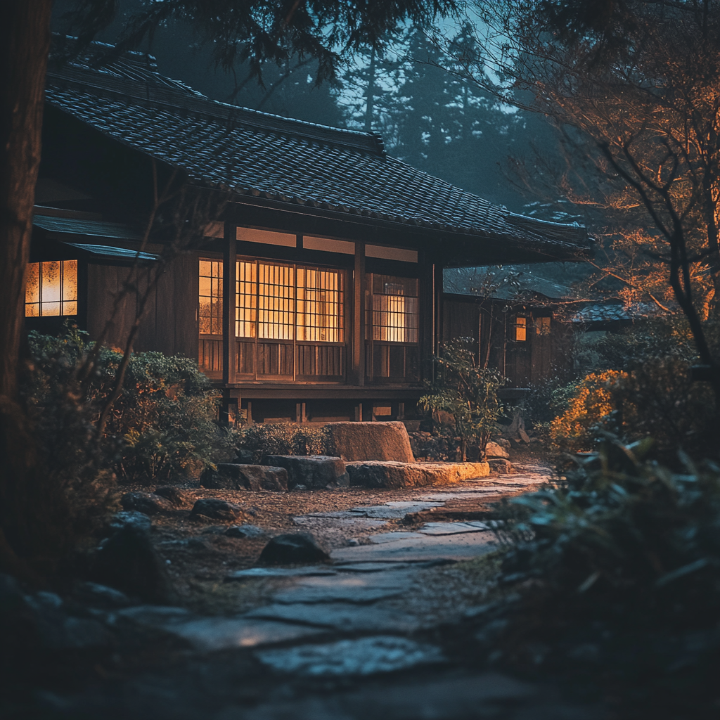 A traditional Japanese house with a moonlit garden.