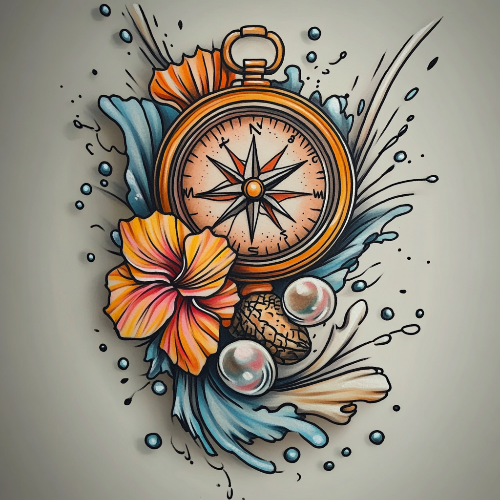 A traditional ocean-themed tattoo with compass and seashell.