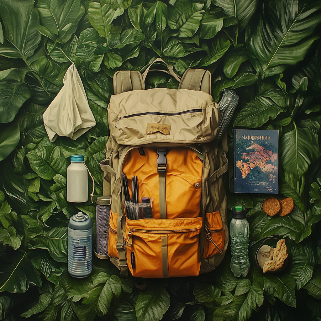 A traveler's bag filled with essentials in Jeju forest.