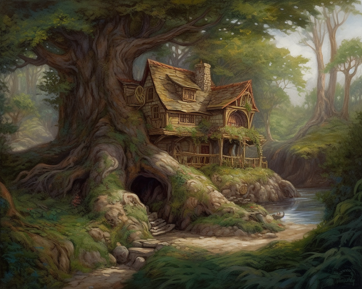 A tree house in enchanted forest like painting.