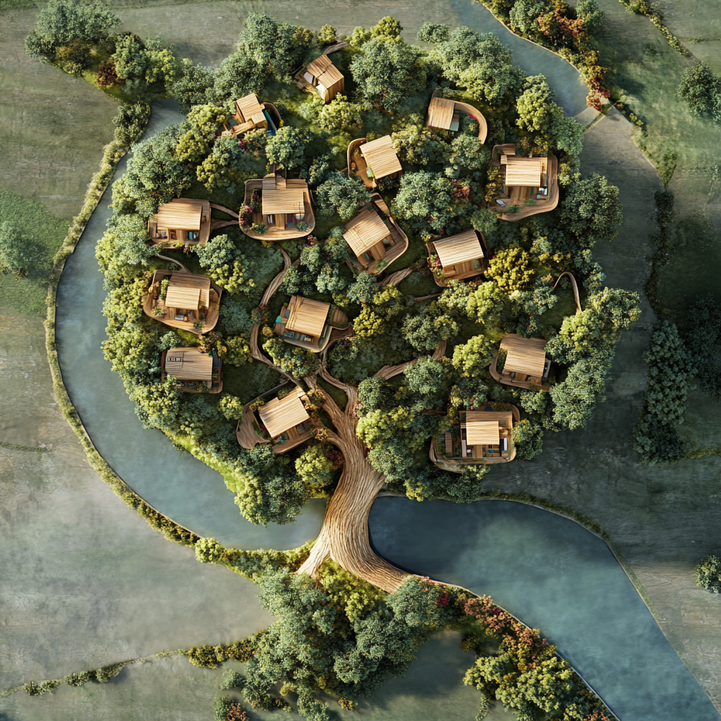 A tree-shaped village with wooden houses hanging from branches.