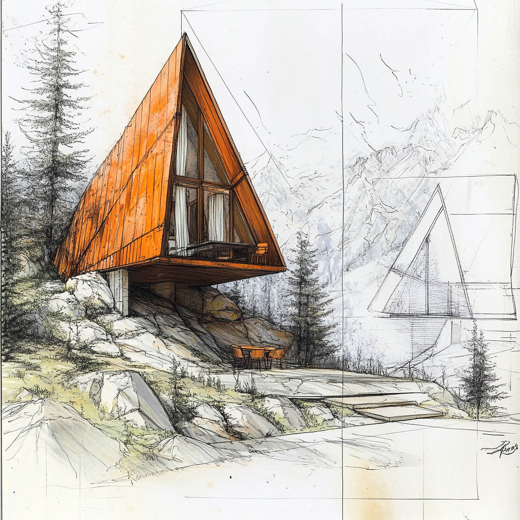 A triangle cabin with window curtains and mountain view.