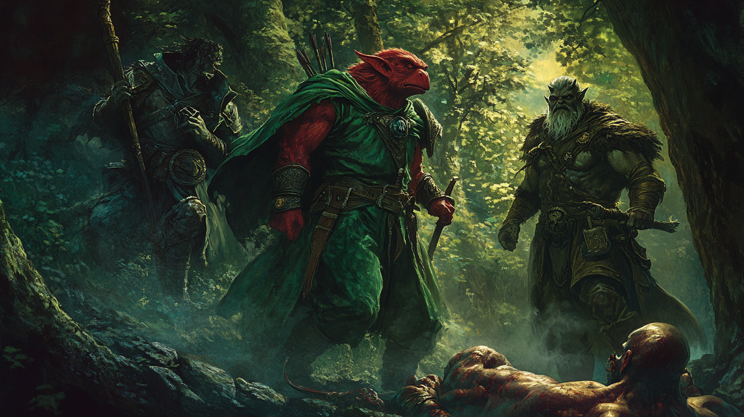 A trio of heroes looting orc corpses in forest.