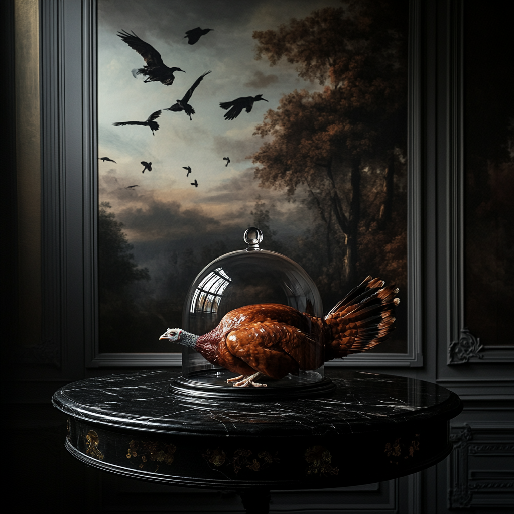 A turkey under glass dome on marble table.