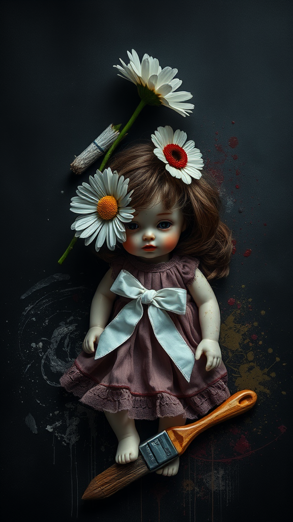 A twisted daisy and flower, broken doll, paint splatters.