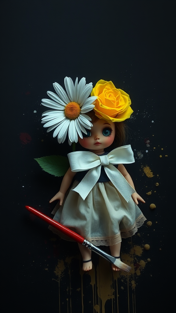 A twisted daisy and yellow rose with broken doll.