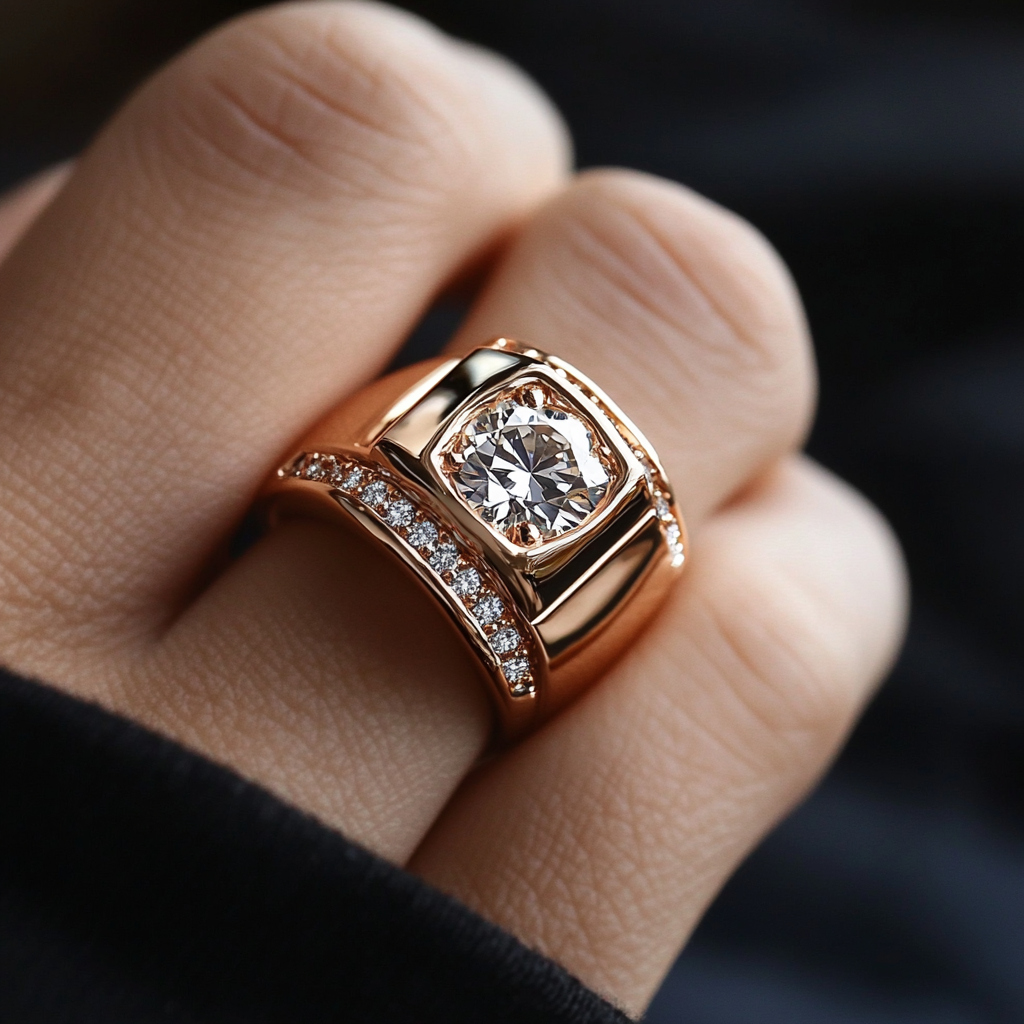 A unique, strong, rose gold ring with a diamond