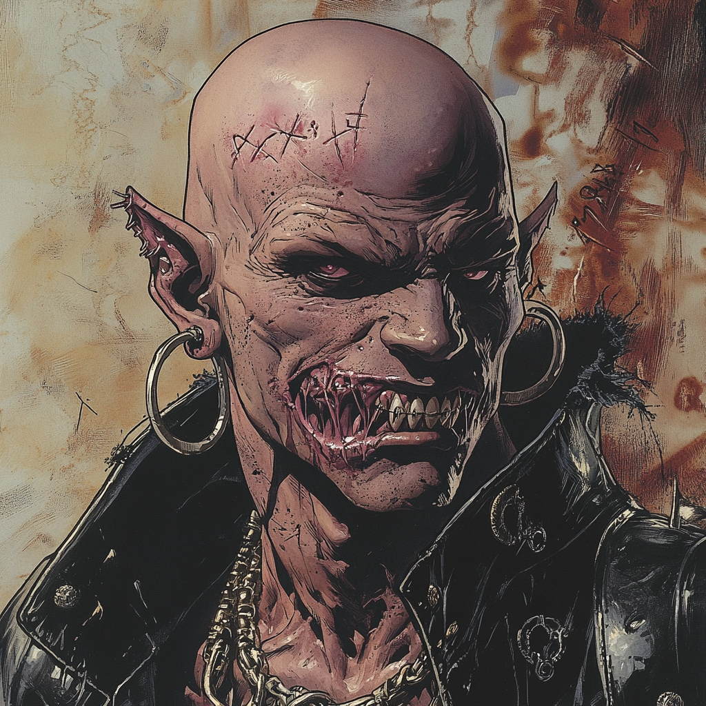 A vampire with bald head, pimples, and earrings.