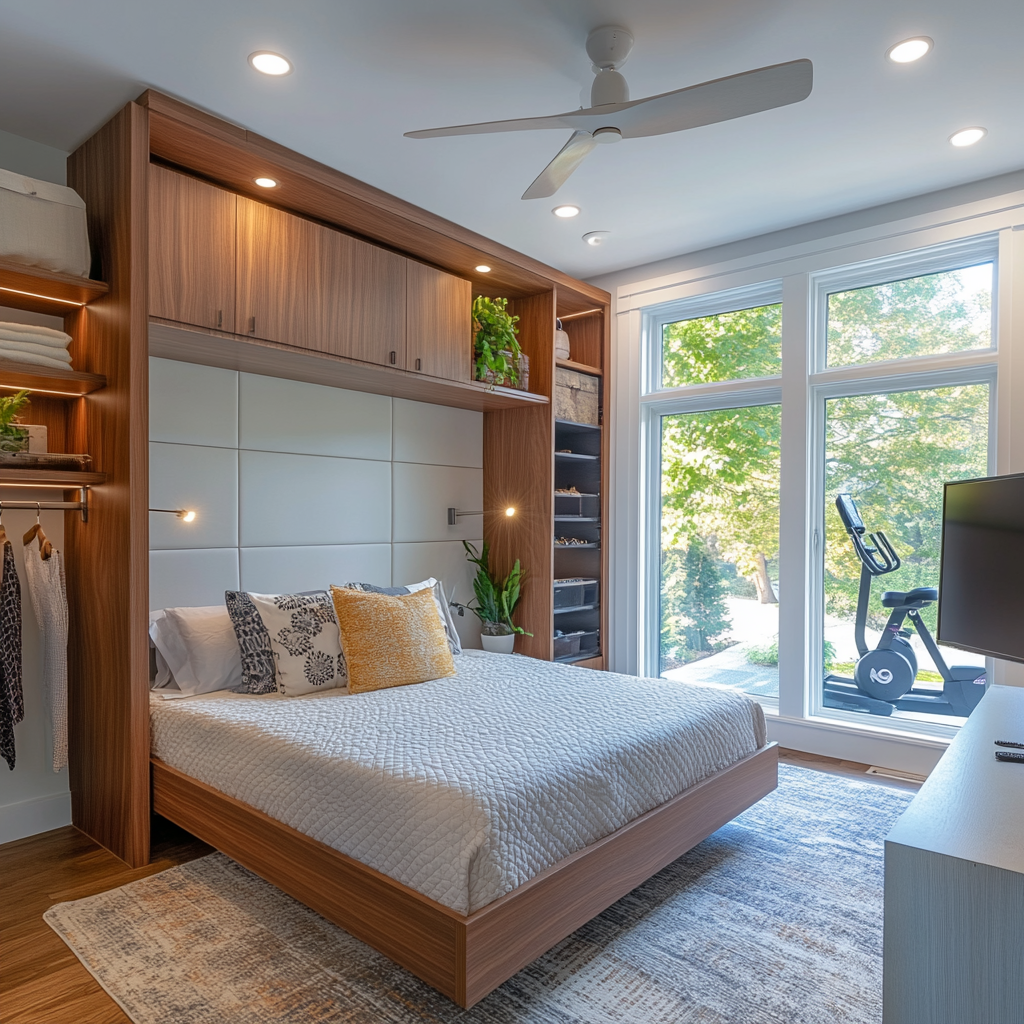 A versatile guest room with built-in closet, Murphy bed, dressing table, exercise equipment, and flatscreen TV.