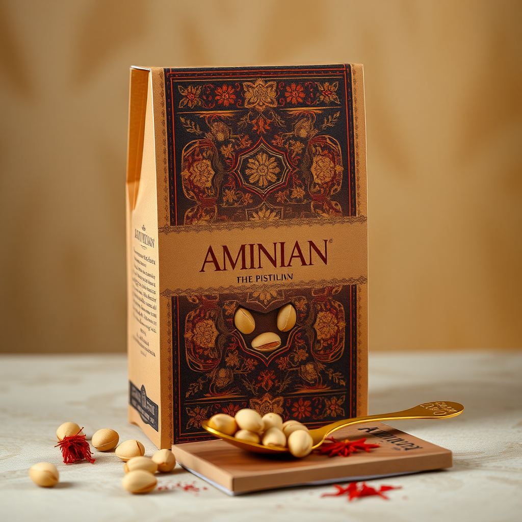 A vertical package with pistachios, Iranian carpet design.