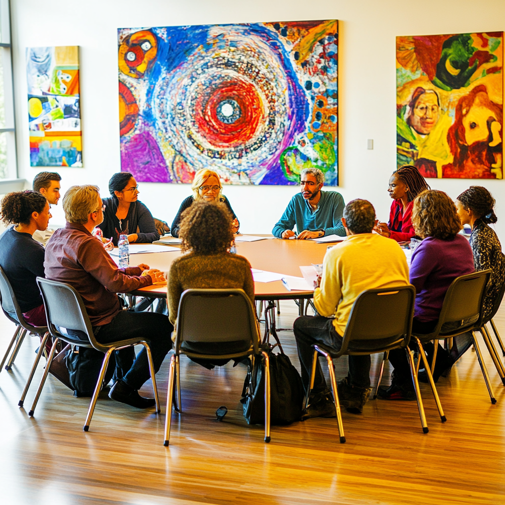 A vibrant, diverse group sharing ideas in community center.