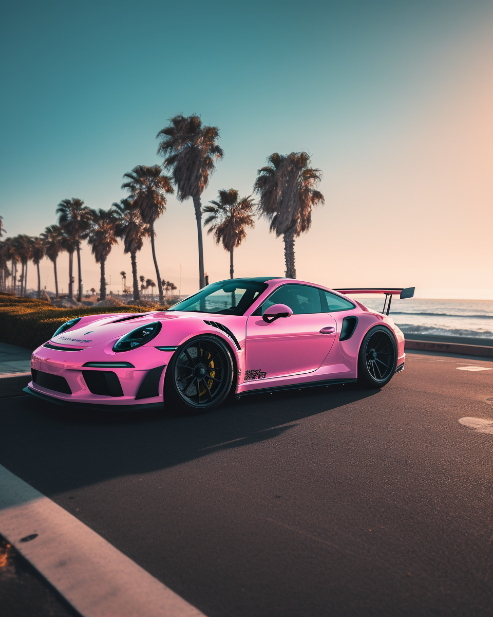 A vibrant, modified white and pink Porsche 992