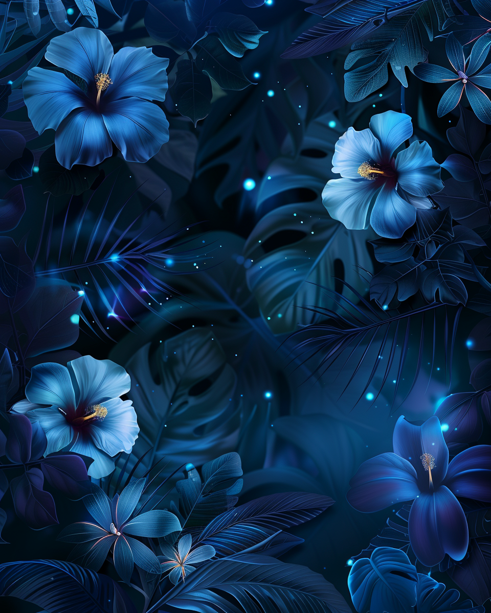 A vibrant blue tropical plant and flower illustration.