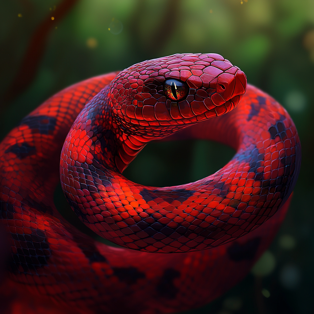 A vibrant red snake slithering in the dark.