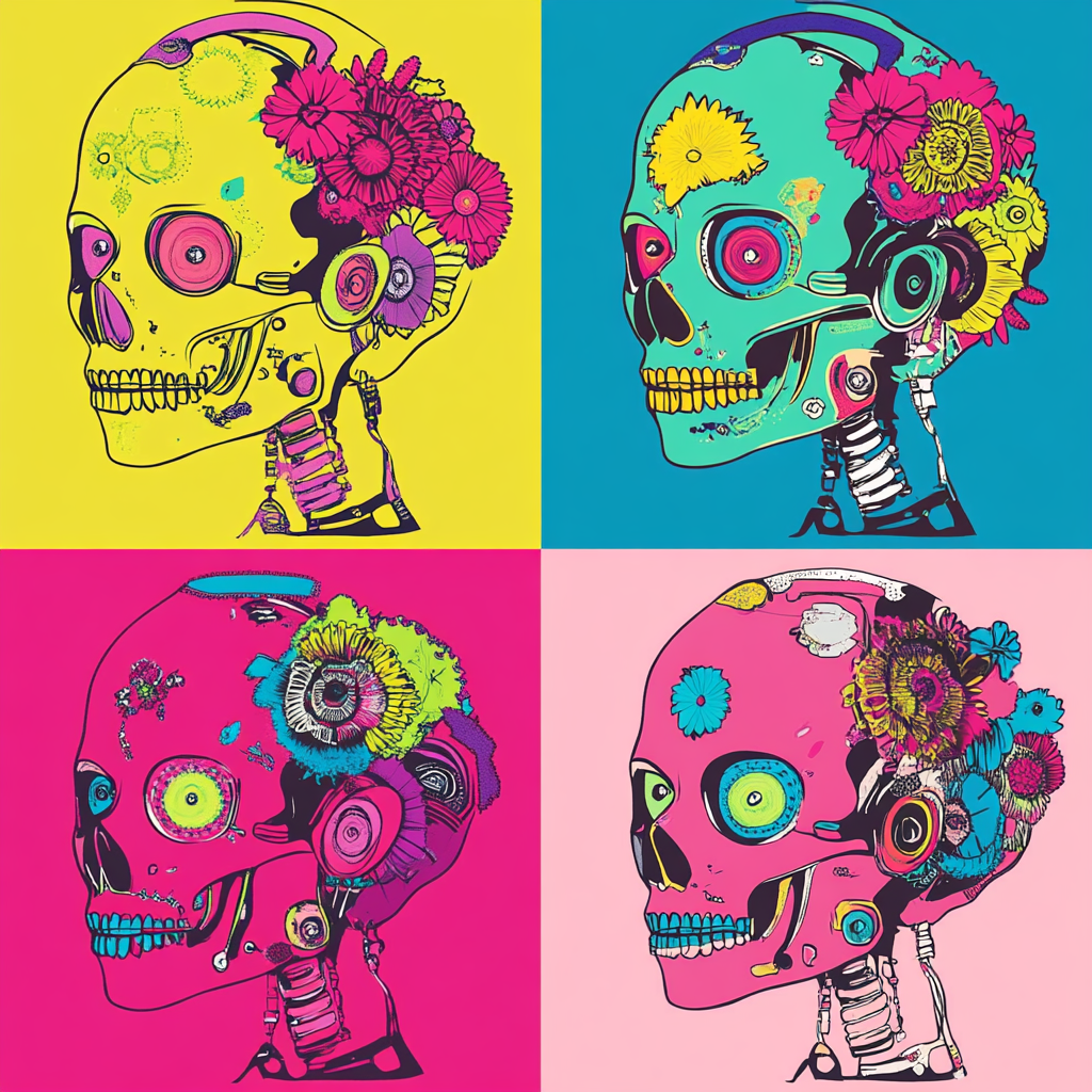 A vibrant robotic Catrina in pop art style