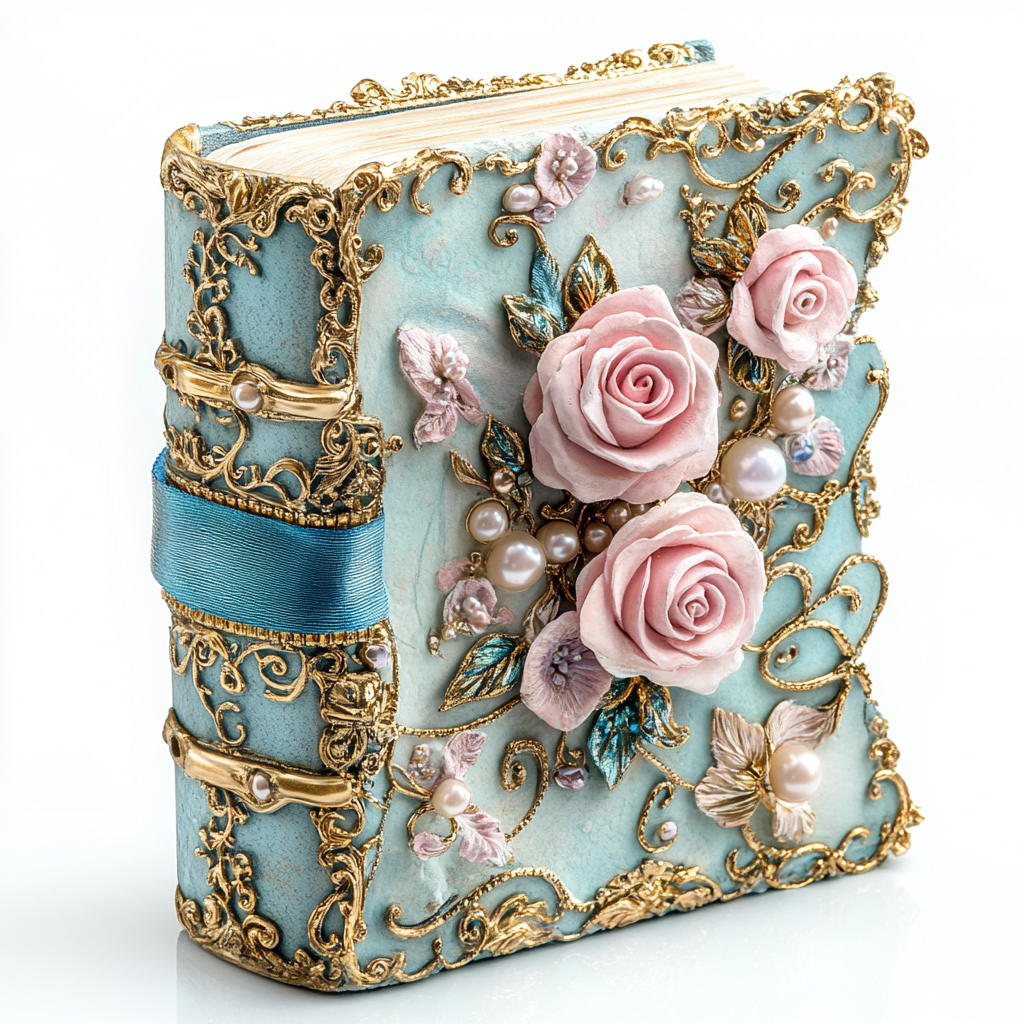 A vintage book with roses and gold details.