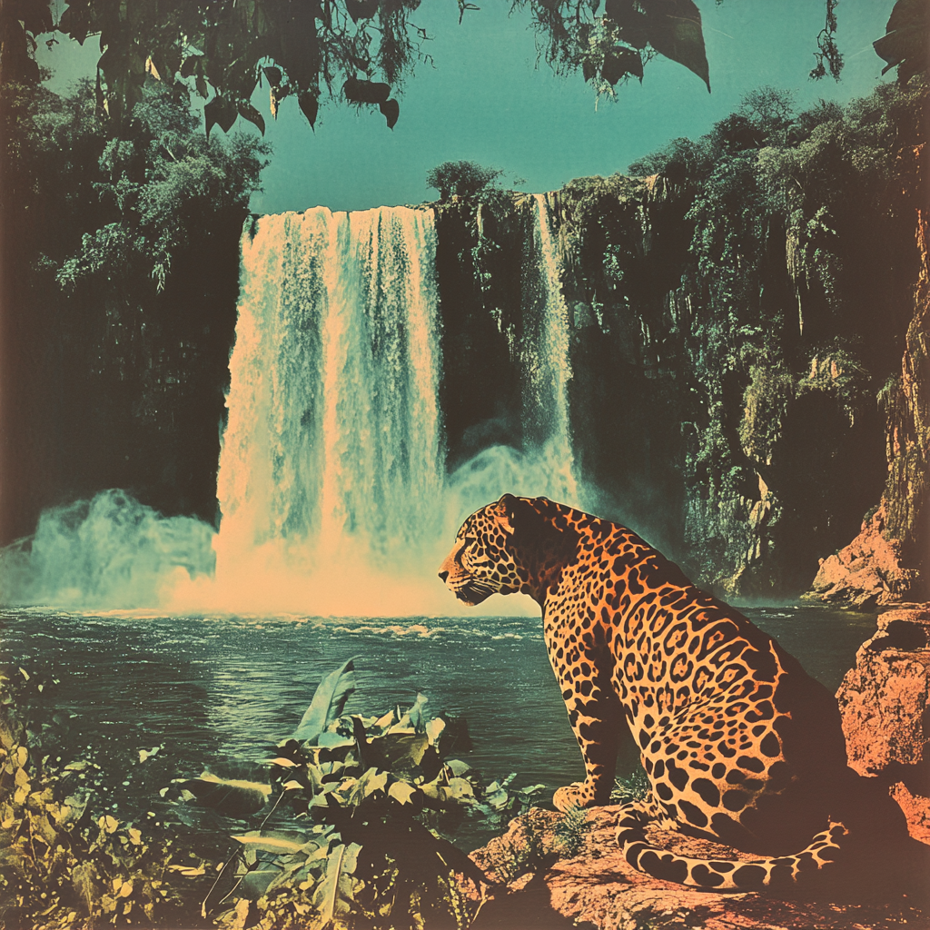 A vintage camera's photo of a jaguar near waterfall