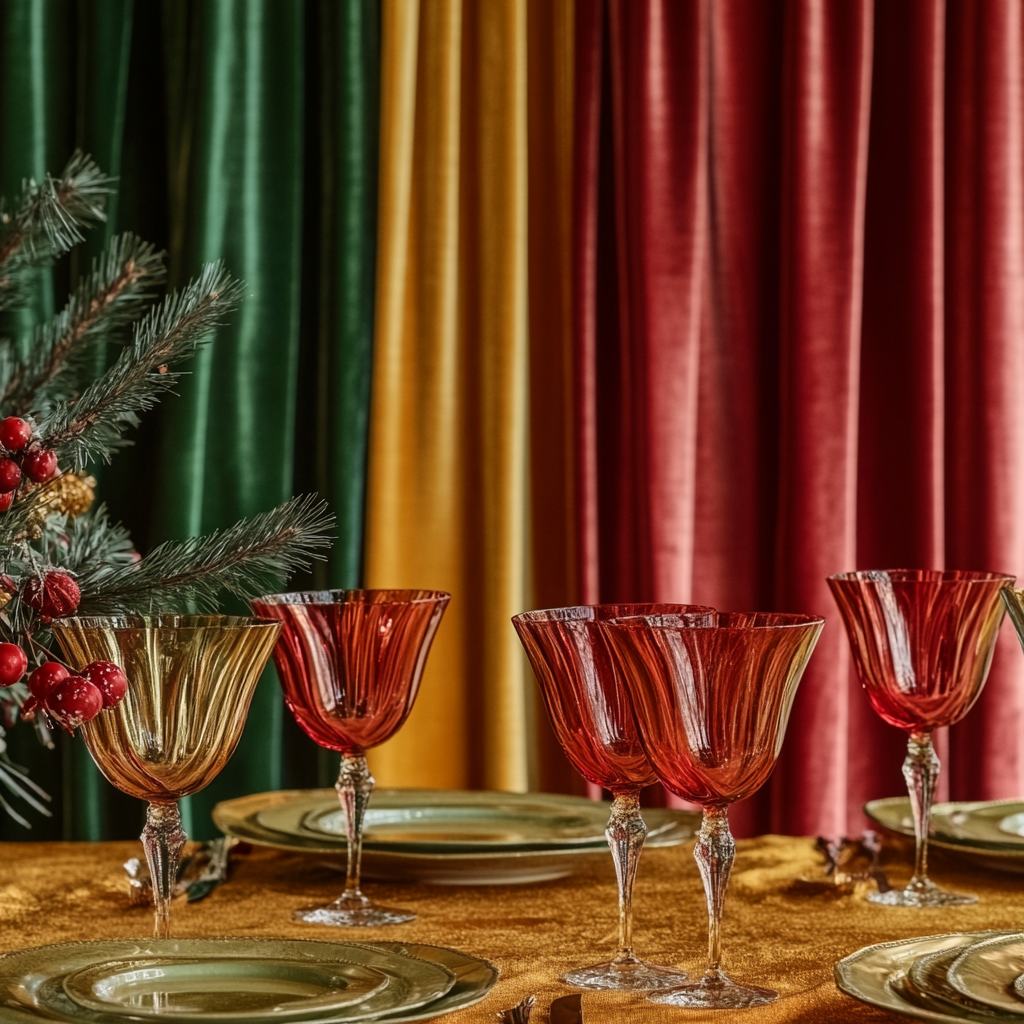 A vintage holiday table setting with red glasses.