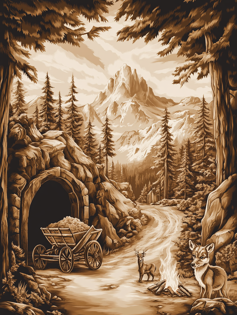 A vintage mining company poster with Yggdrassil backdrop.