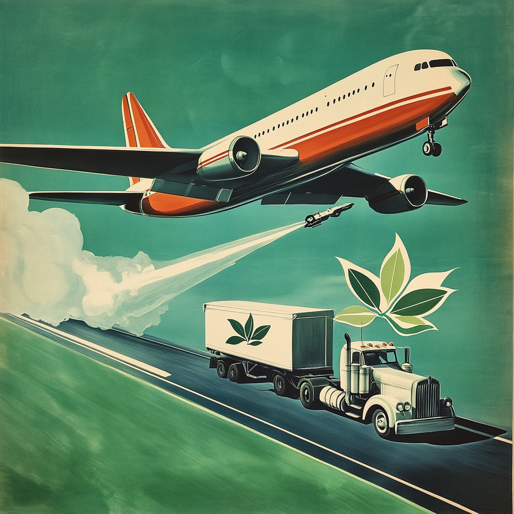 A vintage poster shows airplane getting refueled. Sustainable fuel.