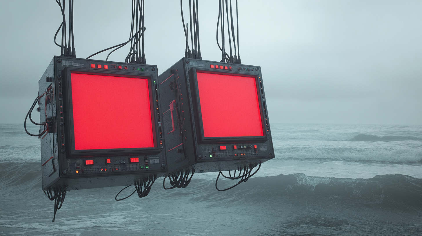 A vintage synthesizer hangs above ocean waves.