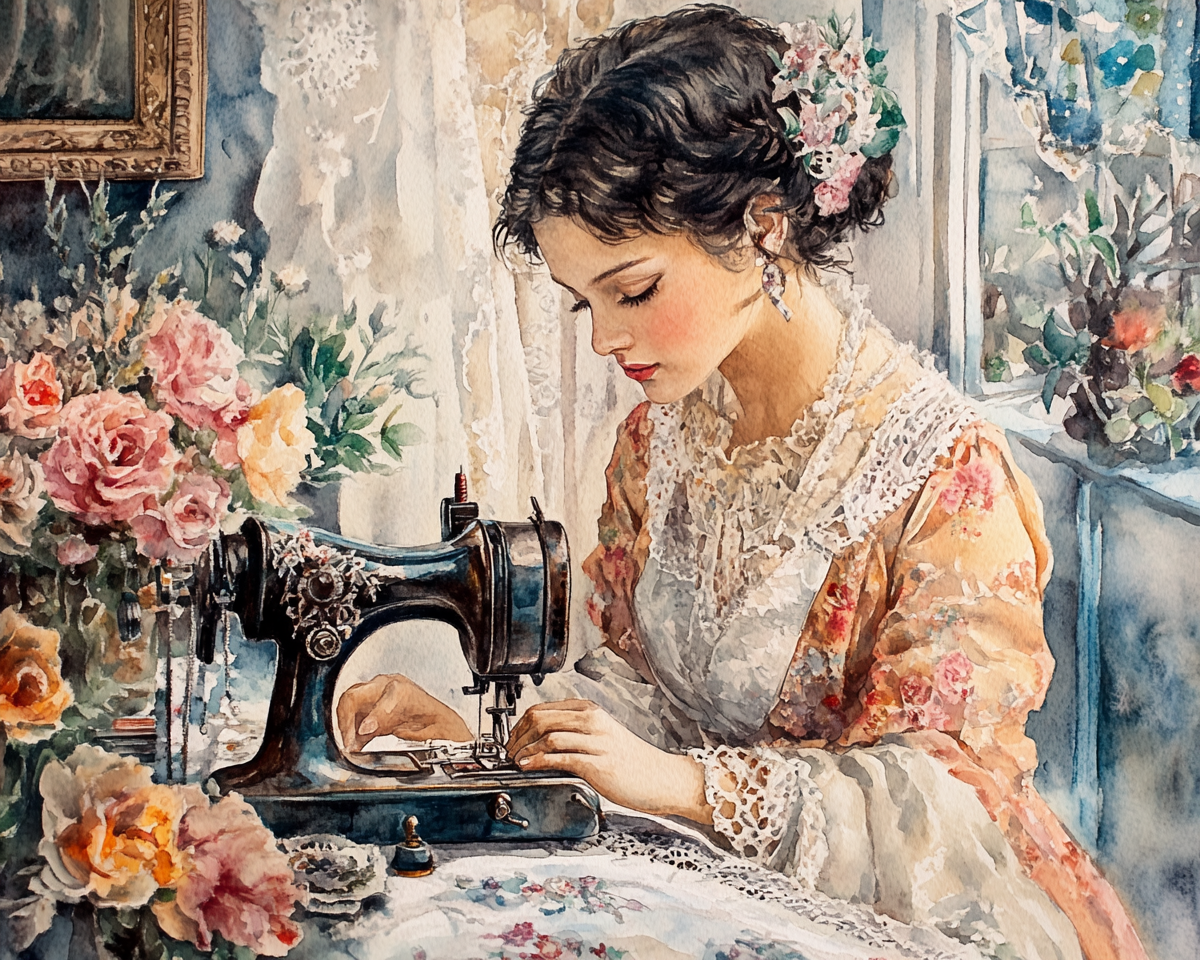 A vintage woman sewing on old machine in home.