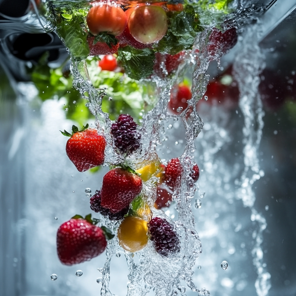 A vortex of water with mixed fruits and vegetables