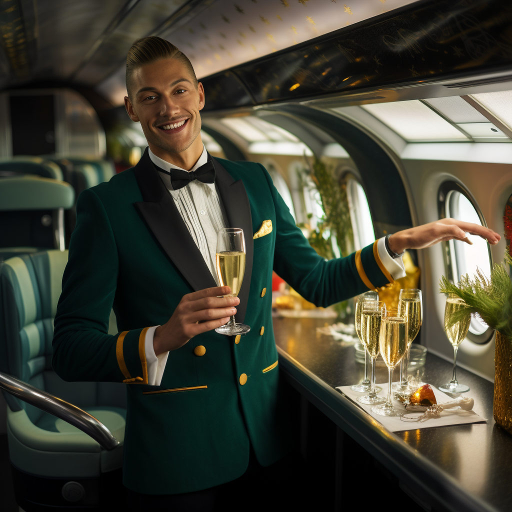 A waiter offers champagne in elegant train carriage.