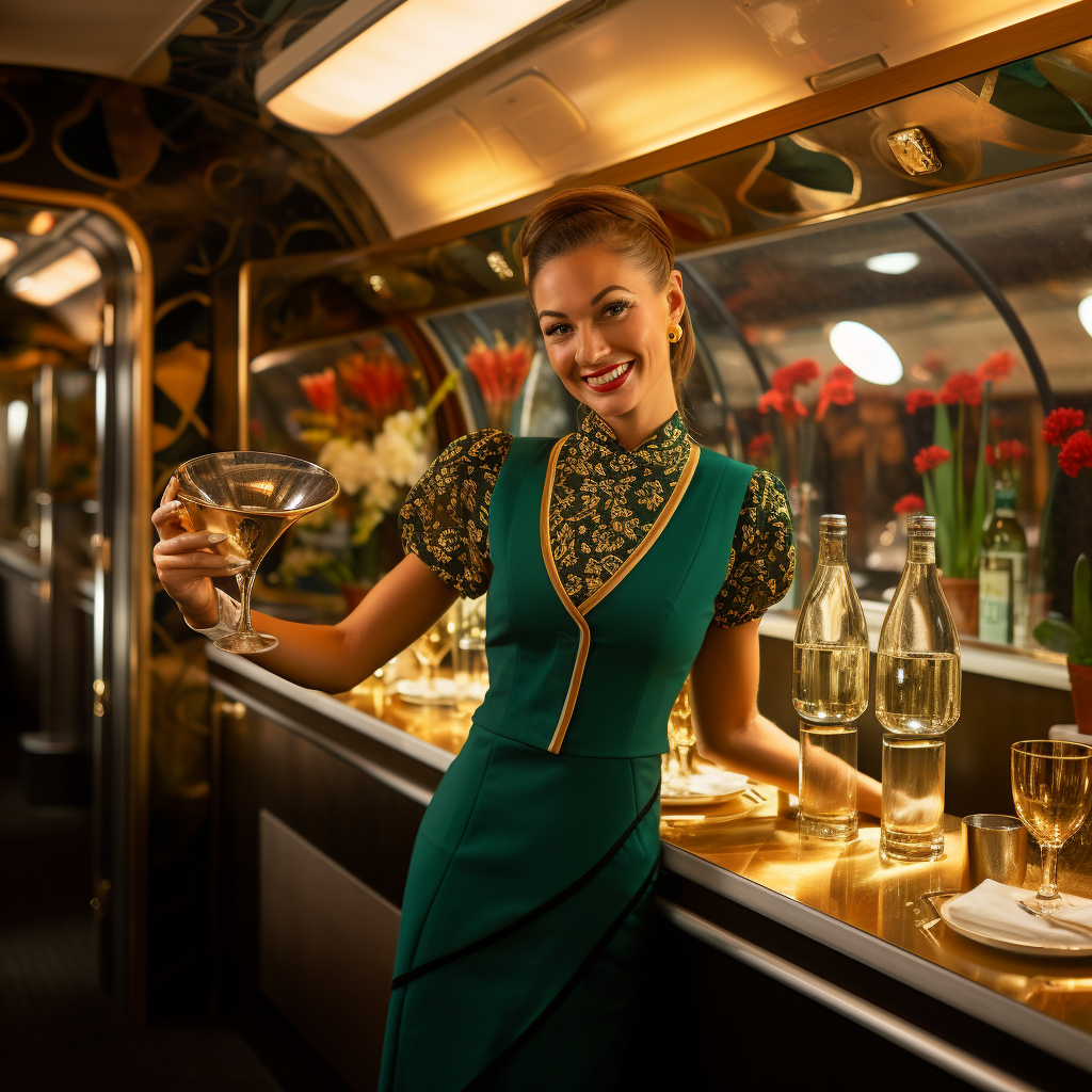 A waiter serving champagne in a fancy train.