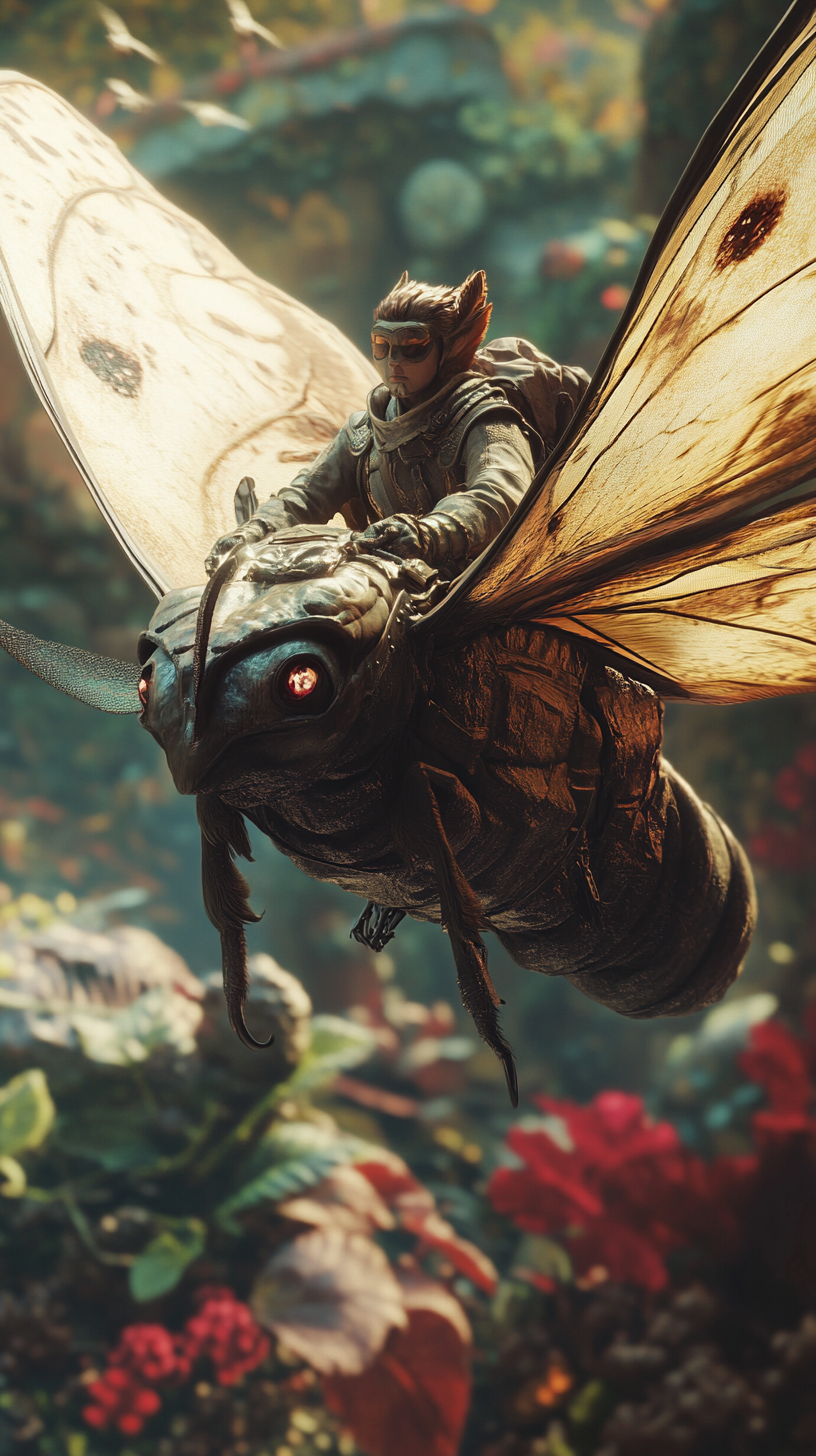 A warrior riding moth: detailed, realistic, vivid.