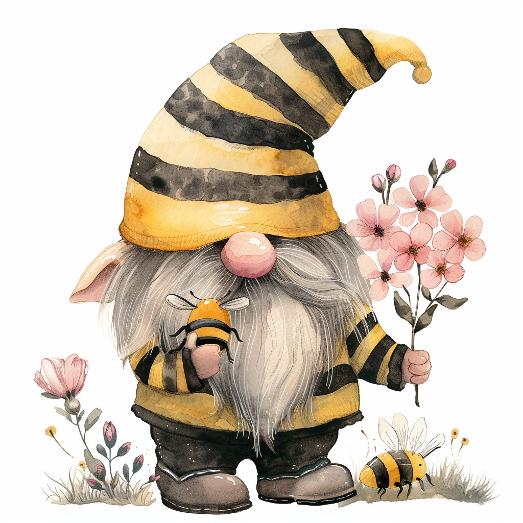 A watercolor gnome in bee-themed attire with flowers