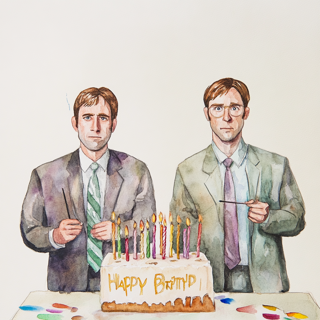 A watercolor painting of two Office characters on a birthday cake.