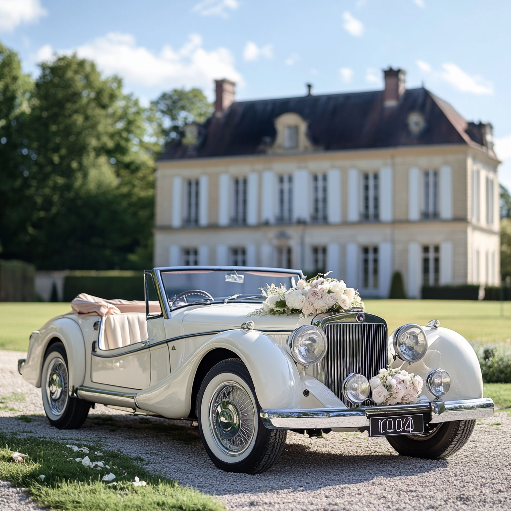 A wedding ceremony at a luxurious castle garden.