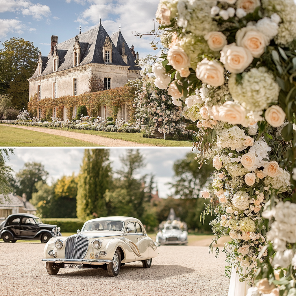 A wedding ceremony at luxurious castle garden.