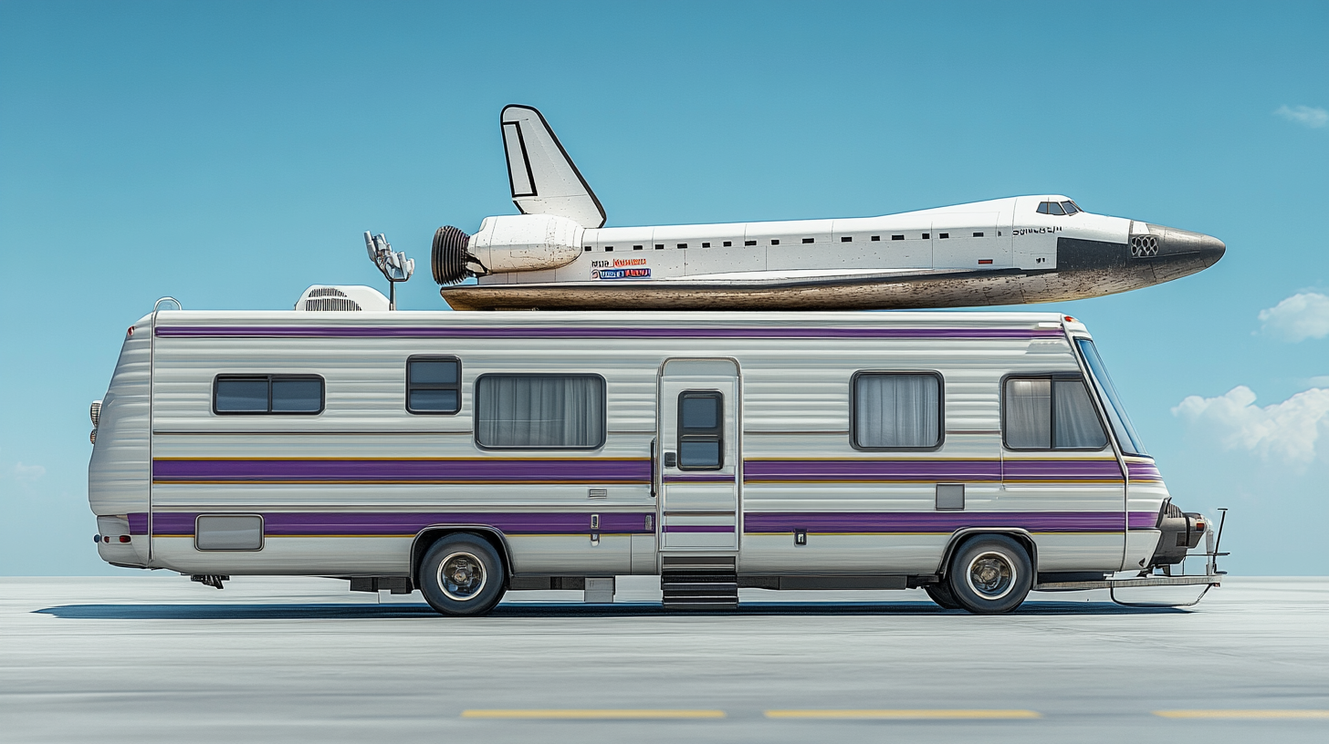 A white RV with purple stripe and rocket.