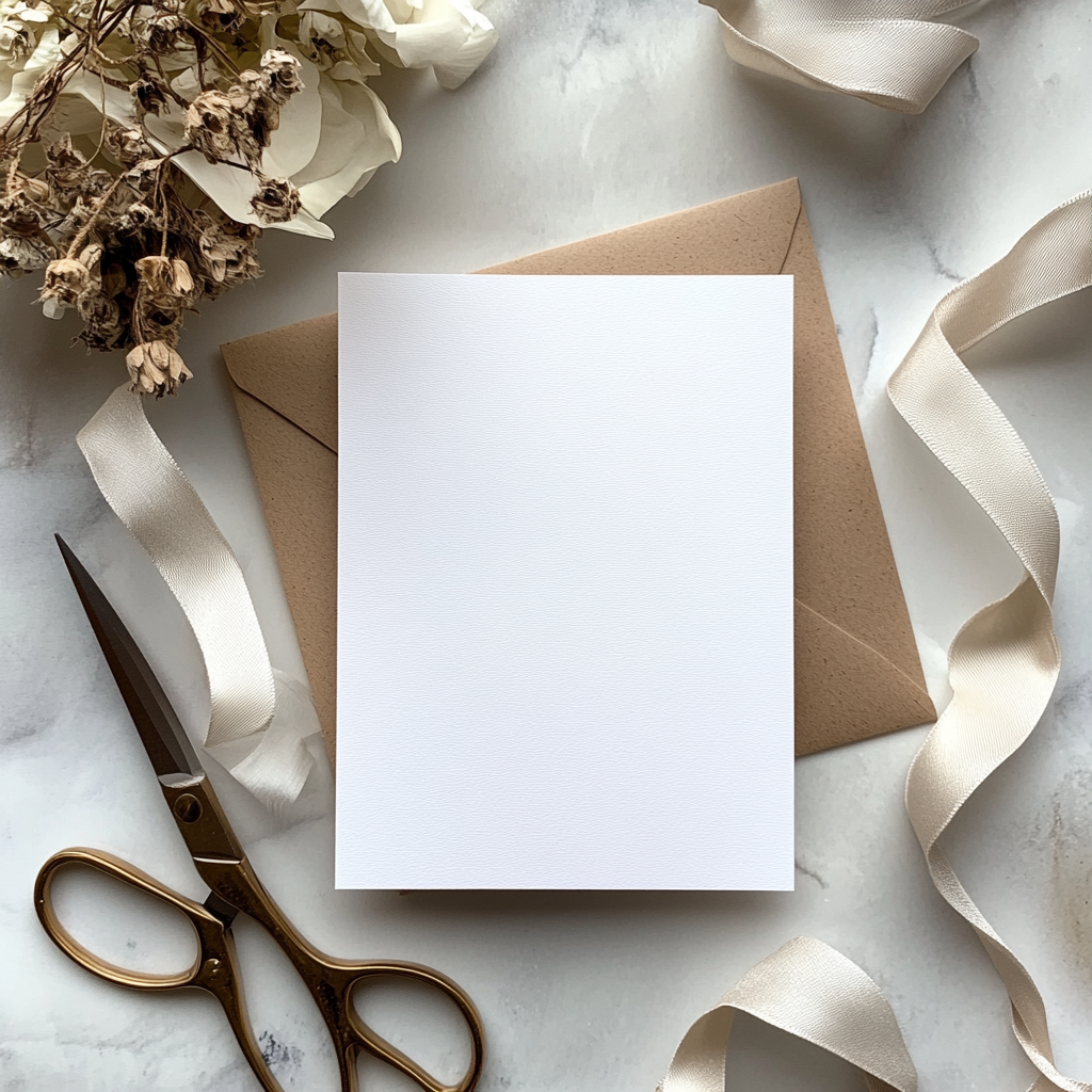 A white card with ribbon and office items.