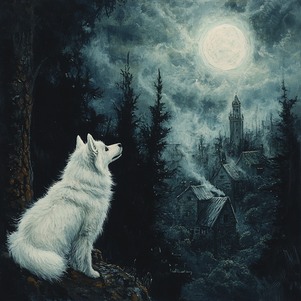 A white dog named Nova watches dark forest.